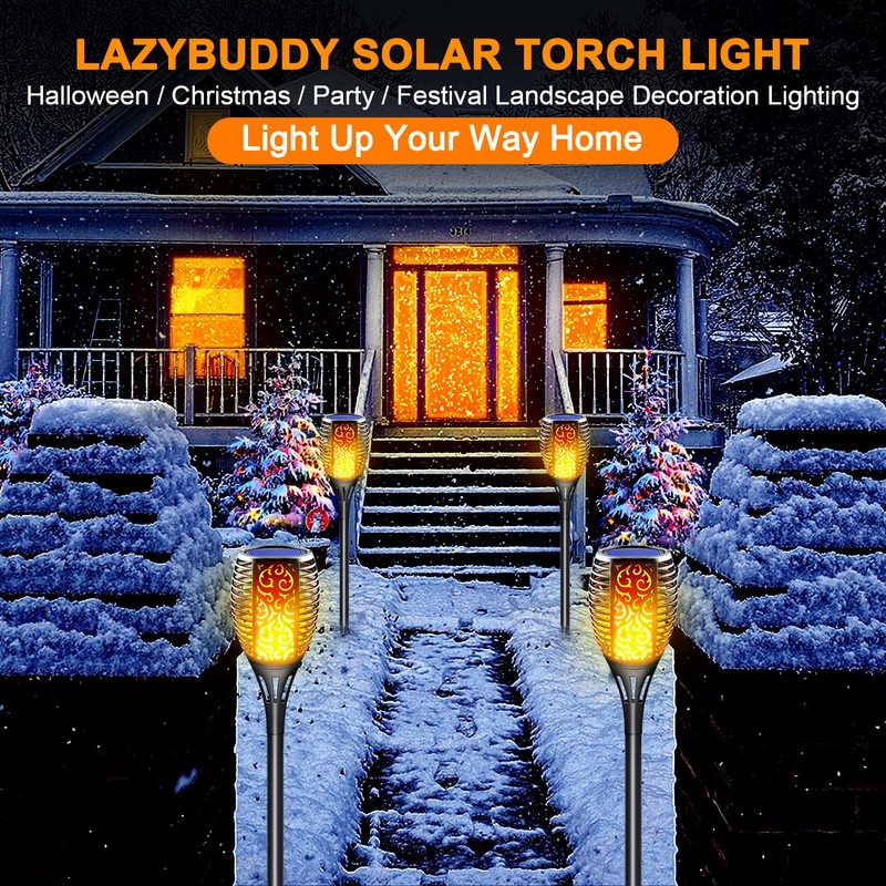 LazyBuddy 4 Pack Solar Tiki Torch Lights Outdoor Waterproof -