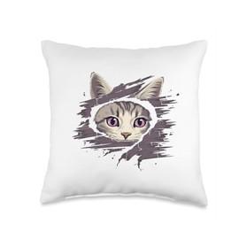 Peekaboo Cat Designs Peekaboo Going Through Fabric Cute Scary Cat Peeking Out Throw Pillow, 16x16, Multicolor