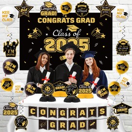 JOYHAPISTAR Graduation Decorations 2025 Black and Gold- Backdrop Banner Hanging Swirls Centerpieces Balloons - Black Gold Class of 2025 Graduation Decors for High School College Grad Celebrations