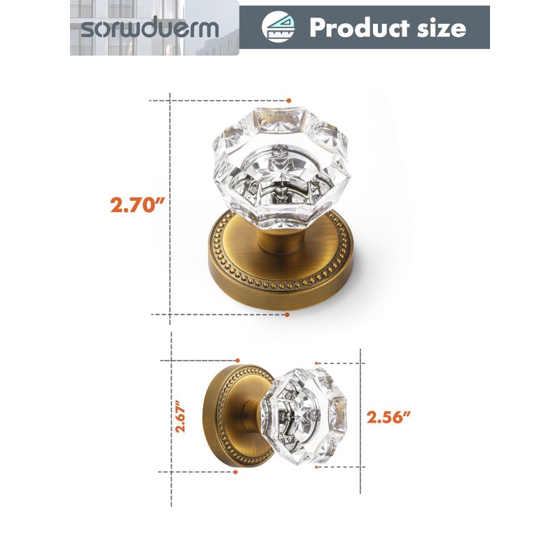 SORWDUERM Antique Brass Door Knobs Crystal Door Knob Dummy Door