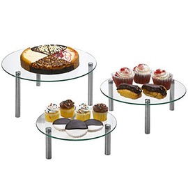 3 Tier Round Tempered Glass Display Stand 9, 11, 13” for Cake, Cupcakes, Desserts, Bakery, Appetizers – Set of 3 Glass Retail Display Raiser. (Clear)