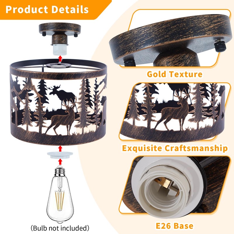 Monaxon Rustic Semi-Flush Ceiling Light, 9.1" Black Metal Fixture with