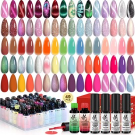 Lavender Violets 49 PCS Cat Eye Gel Nail Polish Set,Solid/Glittery/Nude Pink Jelly Nail Polish Gel/9D Holographic Magnetic Gel Nail Polish Gel Kit with Nail Primer,Base,Glossy,Matte Top Coat A901 | Lavender Violets