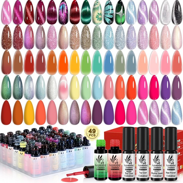 Lavender Violets 49 PCS Cat Eye Gel Nail Polish Set,Solid/Glittery/Nude