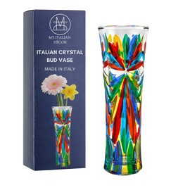Colorful Italian Crystal Glass Bud Vase, Hand-Painted, Single Stem Vase for Centerpieces, 7.25 Inch Tall, Cylinder Vase for Home Decor, Made in Italy