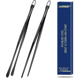 Tangoowal 2 Pcs 12-Inch Fine long Tweezers Tongs for Cooking, Stainless Steel Kitchen & Cooking Tweezers Tongs,Black