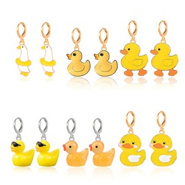 QLYOVWE Cute Duck Dangle Earring Set for Women 6 Pairs Dainty Gold Plated Yellow White Enamel Hoop Earrings Funny Cartoon Animal Design Fashion Jewelry Gifts (Gold)