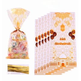 Eid Mubarak Celebration Gift Bags with Gold Ties, Mosque Design Party Favour Bags, 50-Pack (Gold)