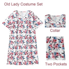 KIPSSMLSE Old Lady Costume Set with Old Lady Wig Granny Dress Old Lady Glasses Grandma Dress Up Outfit