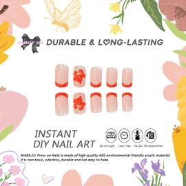 Fall Press on Nails Short Square MABKJLF French Tip Fake Nails Pink Full Cover Orange Maple Leaf False Nails with Designs Glossy Glue on Nails Manicure Artificial Nails for Women Girls 24Pcs