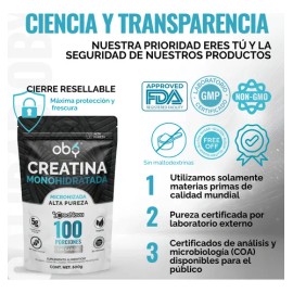 Creatina Monohidratada y Micronizada Polvo  100 Alta Pureza Certificada  Sin Sabor, Disuelve rpido, Scoop Dosificador  Pre Entreno Gym workout Oby... 
