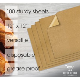 Better Kitchen Products Kraft Paper Deli Sheets, 12" x 12", Greaseproof Food Basket Liner Sheets, Pre-cut Sandwich Wrappers, Naturally Grease Proof Food Mats, (100)