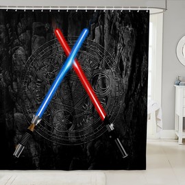 Lightsaber 3D Neon Blue Red Bathroom Curtain - Geometric Sun Moon Round Waterproof for Kids Boys Girls Teens Room Decor Fashion Vintage Stone Wall, Black, 72"Wx72"L