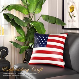 BRAWARM American Flag Leather Throw Pillow Cover 18 X 18 Inches - Faux Leather Pillow Cover Independence Day Decorations Cushion, Patriotic Striped Design Throw Pillow for Couch Sofa Bed Home
