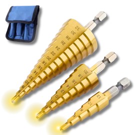 Step Drill, 0.2 - 1.3 inches (4 - 32 mm), 0.8 inches (20 mm), 0.5 inches (12 mm), 15 Levels, HSS Steel, Titanium Coated, Stainless Steel, Drilling, Expansion, Burr, Bamboo Drill, Impact Screwdriver