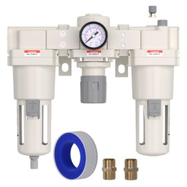 AIRZOE 1” NPT Air Compressor Filter, Regulator and Lubricator Combos FRL - Water Oil Trap Separator AC5000-10, 5 Micron Brass Element, Semi-Auto Drain, 0-150 psi Gauge