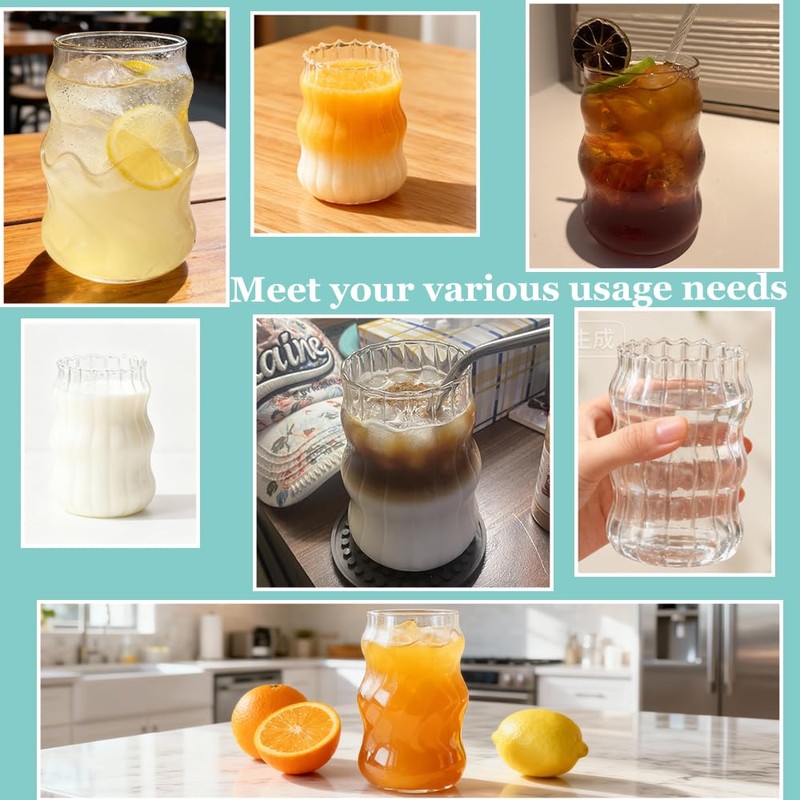 2 Pcs Ribbed Glass Cups, 18 oz Vintage Wavy Iced
