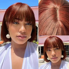 Rebecca Beauty Bob Wig with Bangs Human Hair Natural Black Straight Bob Wig with Very Light Yaki 8 Inch Short Glueless Bob Bang Wig with 2.5"X1" Lace Top (Color 33A)