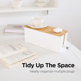 Mooas Small Cable Management Box with Wooden Lid (Large), Cord Organizer Wooden Box for Desk, Home, Office Wire Storage Hider for Power Strips, USB Cables, Charging Cords, and Electronics