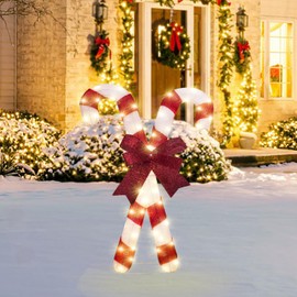 AWQM Christmas Walking Stick Floor Ornament,Lighted Holiday Displays for Indoor and Outdoor, Red Bow Onion Cloth Fine Glitter Ornament, Christmas Warm Holiday Atmosphere Ornaments