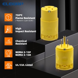 ELEGRP Straight Blade Electrical Plug and Connector Set 15 Amp 125 Volt NEMA 5-15P NEMA 5-15R 2 Pole 3 Wire Grounding, Commercial Grade, Yellow, 2 Set