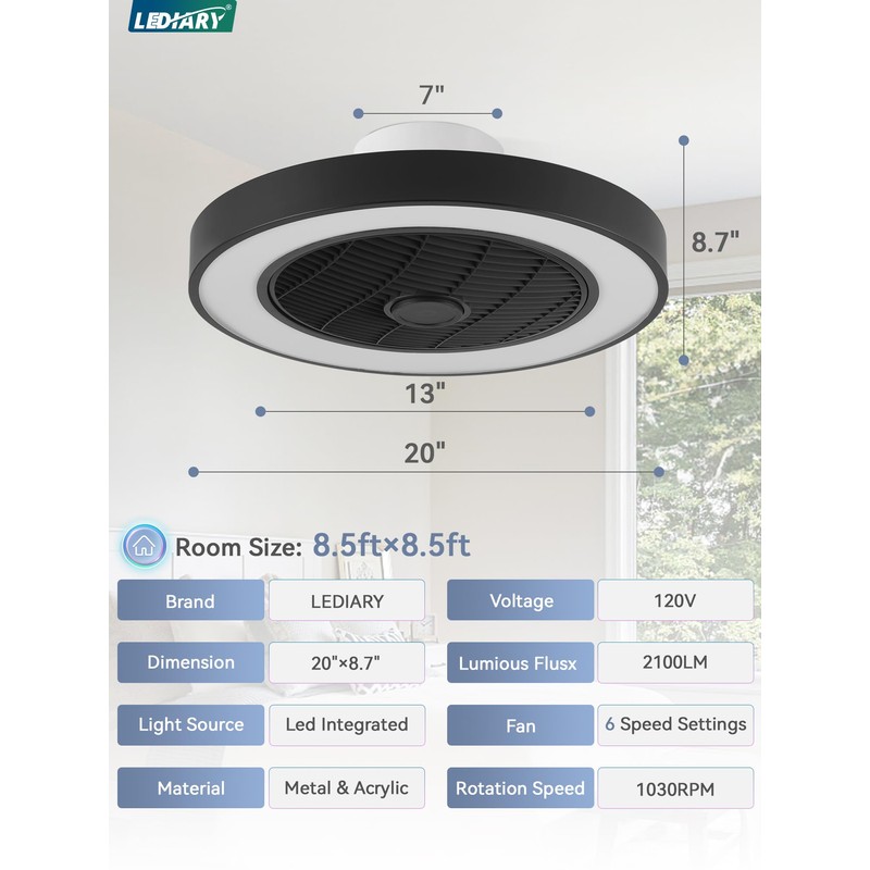 LEDIARY 20 Inch Low Profile Ceiling Fans With Lights, Led