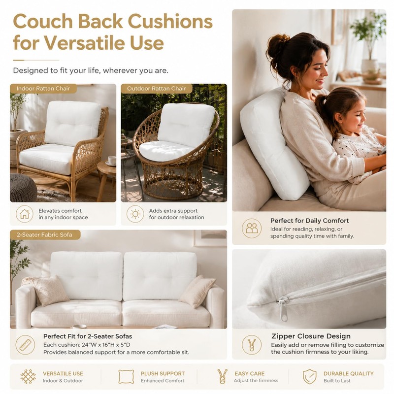 3 Packs Sofa Back Cushion Replacement, 3D Polyester Fiber Filled