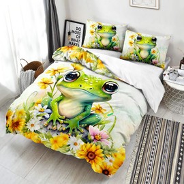 AILONEN Green Frog Duvet Cover Set Queen Size, Cute Cartoon Frog Bedding Set for Kids Boys Girls,Beautiful Sunflower Comforter Cover,Kawaii Tree Frog Duvet Cover,3 Pieces,1 Quilt Cover 2 Pillowcase