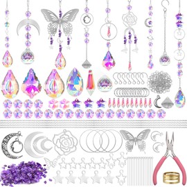 Asoway Suncatcher Crystal Window Craft Set, Sun Catcher Crystal Silver Garden Wind Chime DIY 360+ Pieces, with Purple Stone, Butterfly, Crystal Pendant Crystal Ball Prism Hanging Decoration