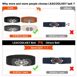 LEACOOLKEY 4 Pieces Women Stretchy Wide Waist Belts Chic Stylish Elastic Cinch Belt Ladies Vintage Elegant Stretch Wide Cinch Belt For Dress (Suitable for waist 34''-41'',Black+Brown+Grey+Beige)