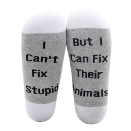 LEVLO Veterinarian Gifts I Can't Fix Stupid But I Can Fix Their Animals Socks Medical Veterinary Practitioner Vet Gift (1 pair-grey)