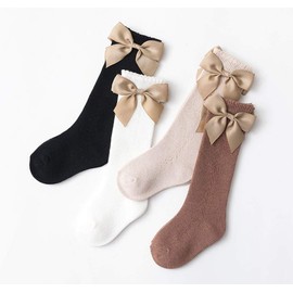 CHUNG - Calcetines de algodón para bebés y niñas, de 0 a 7 años, color sólido, con lazo fino, primavera y verano, 4 pares de lazos, color liso, 1-3 Años