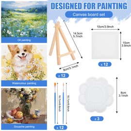 SHUESS 51 Pcs Mini Canvas and Easel Includes 12 Small Easels with 12 4 x 4 Inches Mini Canvas, 24 Paint Brushes and 3 Paint Palette - Mini Canvas Painting Set for Drawing, Table Top Arts and Crafts