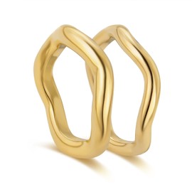18K Gold Plated Stackable Rings Set for Women - Waterproof & Non Tarnish 2 Wave Latered Chunky Rings - Water Resistant Never Fades Everyday Thumb Rings for Women (Gold-Wave, Size 6)