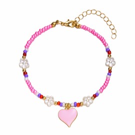 Faruodis Flower Heart Anklet Bracelet Boho Love Heart Anklet Colourful Beads Beach Foot Chain Adjustable Jewellery for Women Ladies, Resin alloy steel