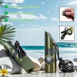 Emergency 7-in-1 Survival Whistle Kit:120dB Loud Safety Whistle with Compass,Thermometer, LED Light ,Signal Mirror & Waterproof Case for Outdoor Adventures Fire Starter for Hiking/Camping/Water Safety