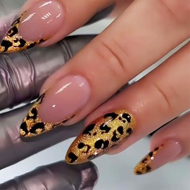 24 Pcs Press on Nails Medium Almond, Fake Nails with Gold Leopard Designs Glue on Nails Glitter Stick on Nails Acrylic Nails Reusable False Nails for Women Girls DIY Manicure