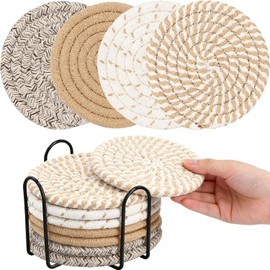 Juego de 8 Portavasos para Mesa Absorbentes, Posavasos de Antideslizantes de Algodón Trenzada Hecha a Mano, con Soporte de Metal Negro, Coasters para Varios Tipos de Vasos de Agua (Amarillo Marrón)