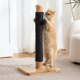Kicari 29" Tall Solid Wood Cat Scratching Post for Indoor Cats, Extra Stable Heavy Base, Natural Sisal Scratcher with Hanging Ball, Furniture Protector for Kittens & Adult Cats, Beige
