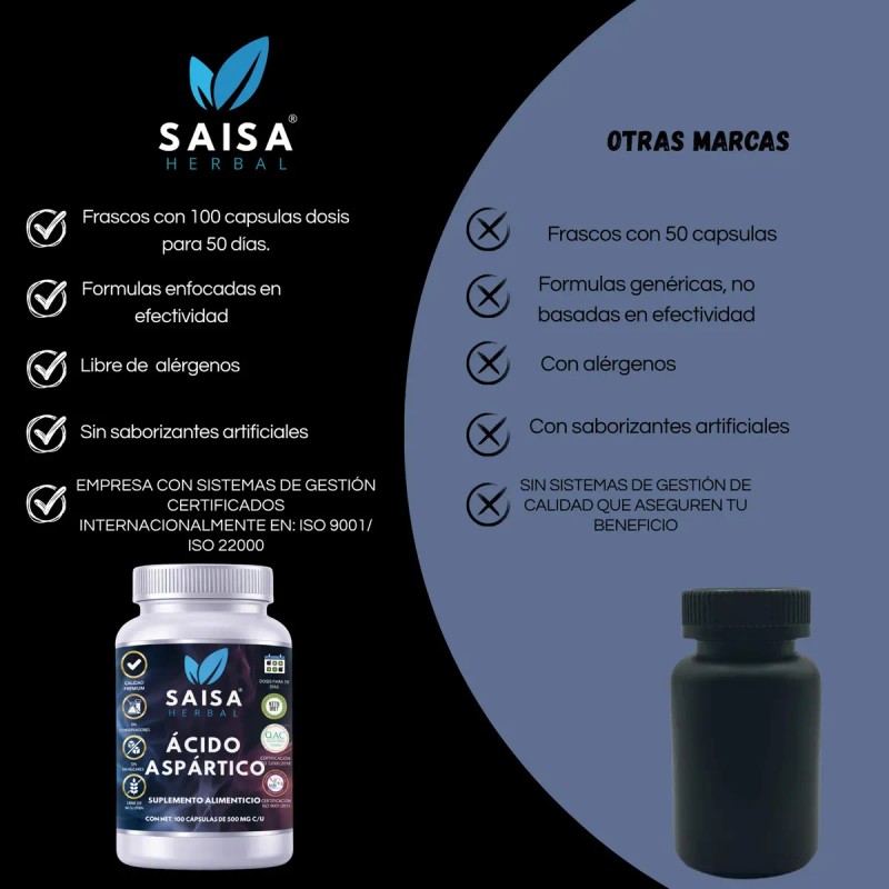 Ácido Aspártico 100 Cápsulas Saisa Herbal Suplemento Alimenticio Energía Vitalidad