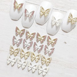 KTAABTR Alloy Butterfly Nail Charms 3D Butterflies Nail Jewelry with Pearls Diamond Design Gold Silvery Nail Art Charms for Women Girls DIY Manicure Tips 20Pcs Pink Gems Decoration