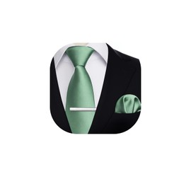 HISDERN Men's Tie Classic Plain Tie and Pocket Square Tie Clip Set Ties for Celebration Wedding Party, Sage Green
