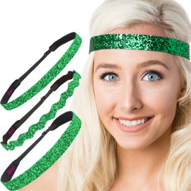Hipsy REGULAR Size, Adjustable No Slip Sparkly Bling Mixed 3pk Headbands for Women Girls & Teens (Bling Glitter Mixed Green)