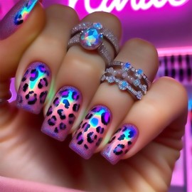 Vopintpy Purple Gradient Leopard Print Press on Nails Short Square Fake Nails with Design Glossy Reusable Acrylic Glue on Nail Full Cover Artificial Stick on Nail for Women DIY Manicure