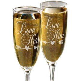 Love Him Love Her Set of 2 Valentines Day Champagne Glasses Decor Toasting Champagne Glass Flutes for Anniversary Wedding Valentines Celebration