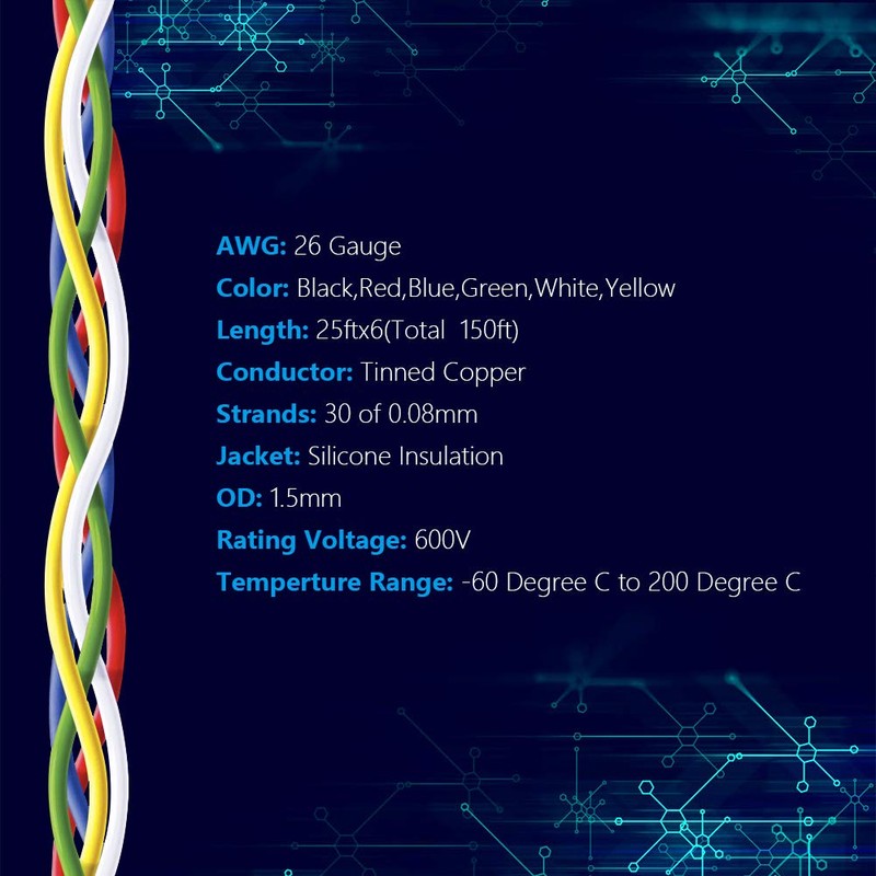 Fermerry 26 AWG Stranded Wire Spool 25ft Each 6 Colors