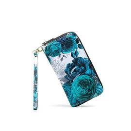 LOVESHE Women's Wallet RFID Blocking Bohemian style Credit Card Zip Around Phone Clutch Large Travel Purse Wristlet Clutch Wallet Zipper Wallet For Women, DarkBlue-Flower