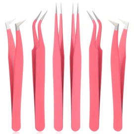 6 Pack Lash Tweezers For Eyelash Extensions,Fiber Tip Lash Tweezers,Precision Stainless Steel Straight Curved Lashes Tweezer Set, Contains Isolation,Volume Lashes Tweezer For Nail Art Sticker(Red)