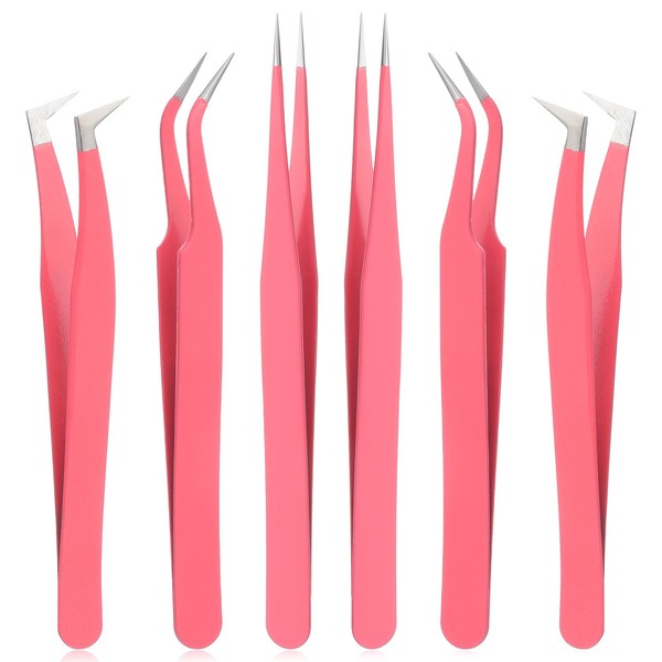 6 Pack Lash Tweezers For Eyelash Extensions,Fiber Tip Lash Tweezers,Precision