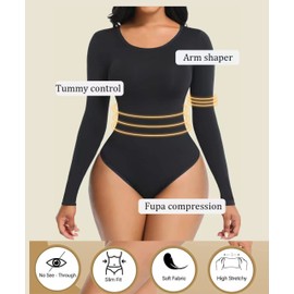 Soo slick Seamless Shapewear Bodysuit for Women - Fits Everybody Long Sleeve Crew Neck Thong Body Sculpting Top Black 3XL/4XL